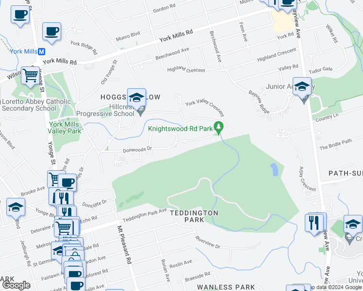 map of restaurants, bars, coffee shops, grocery stores, and more near 7 Knightswood Road in Toronto