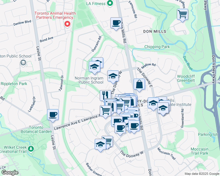 map of restaurants, bars, coffee shops, grocery stores, and more near 230 The Donway West in Toronto