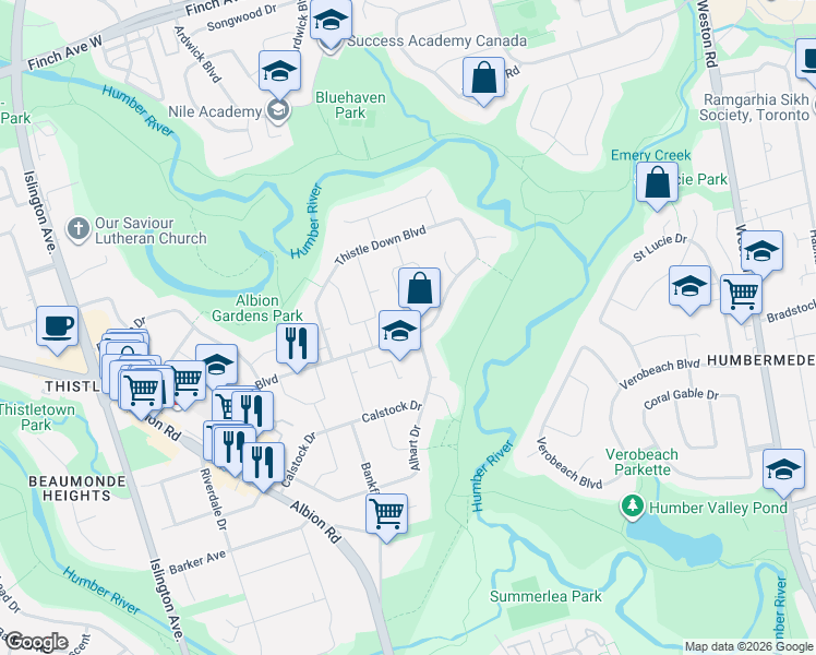 map of restaurants, bars, coffee shops, grocery stores, and more near 65 Bridgenorth Crescent in Toronto