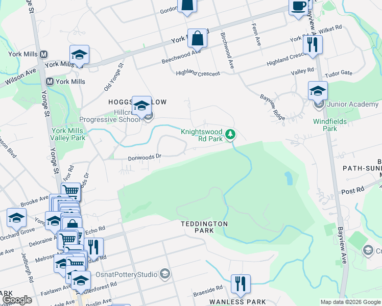 map of restaurants, bars, coffee shops, grocery stores, and more near 7 Knightswood Road in Toronto