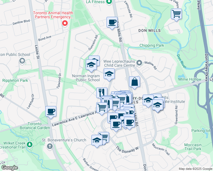 map of restaurants, bars, coffee shops, grocery stores, and more near 230 The Donway West in Toronto