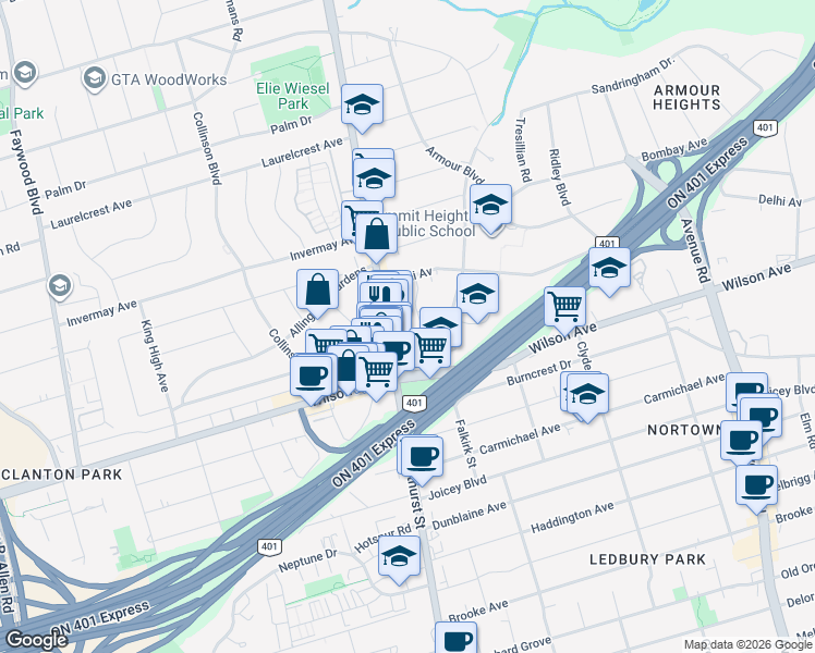 map of restaurants, bars, coffee shops, grocery stores, and more near 3768 Bathurst Street in Toronto