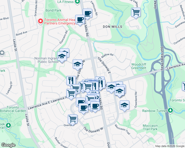 map of restaurants, bars, coffee shops, grocery stores, and more near 1152 Don Mills Road in Toronto