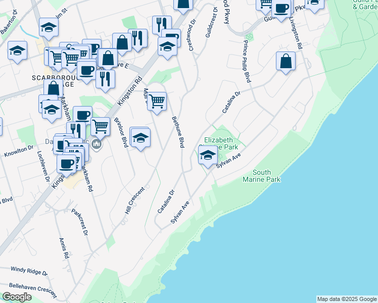 map of restaurants, bars, coffee shops, grocery stores, and more near 100 Catalina Drive in Toronto