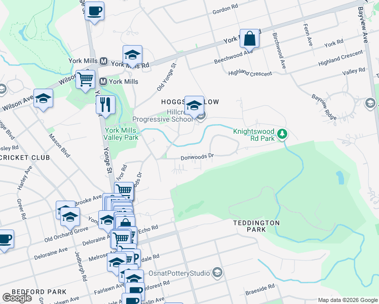 map of restaurants, bars, coffee shops, grocery stores, and more near 76 Donwoods Drive in Toronto