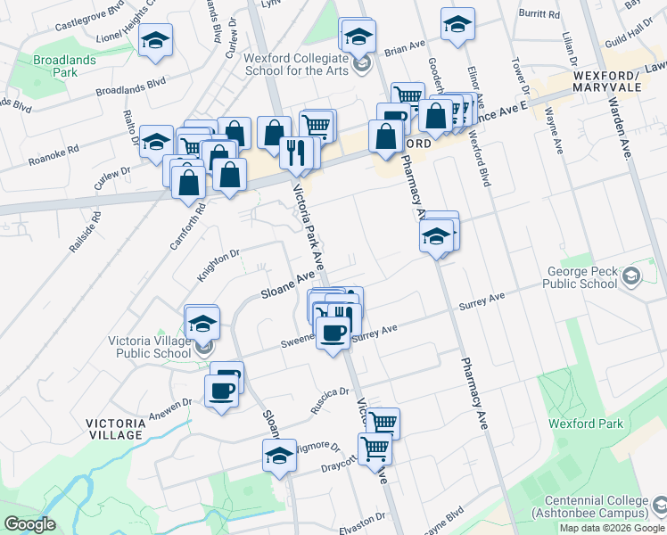 map of restaurants, bars, coffee shops, grocery stores, and more near in Toronto