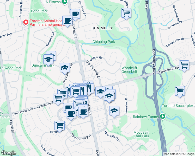 map of restaurants, bars, coffee shops, grocery stores, and more near in Toronto