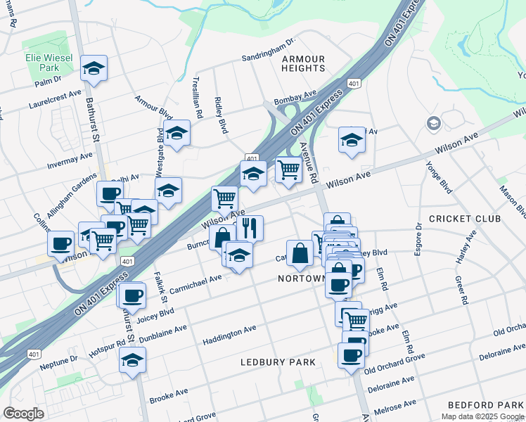 map of restaurants, bars, coffee shops, grocery stores, and more near in Toronto