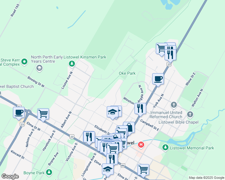 map of restaurants, bars, coffee shops, grocery stores, and more near 583 Barber Avenue North in Listowel
