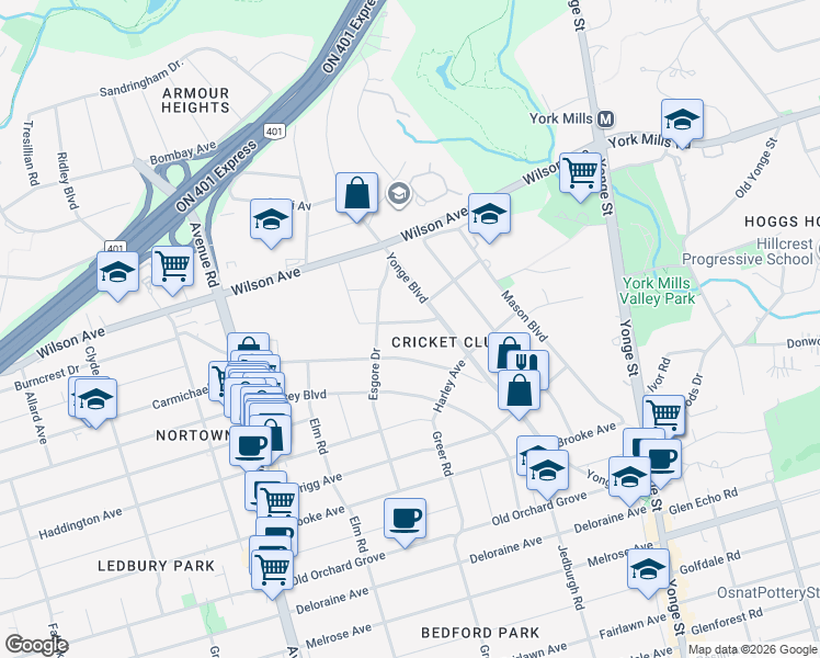 map of restaurants, bars, coffee shops, grocery stores, and more near 11 Apsley Road in Toronto
