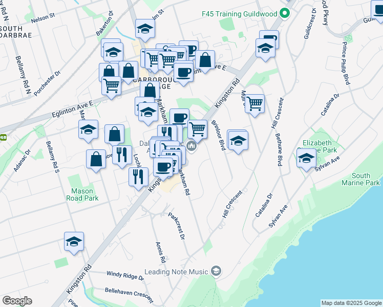 map of restaurants, bars, coffee shops, grocery stores, and more near in Toronto