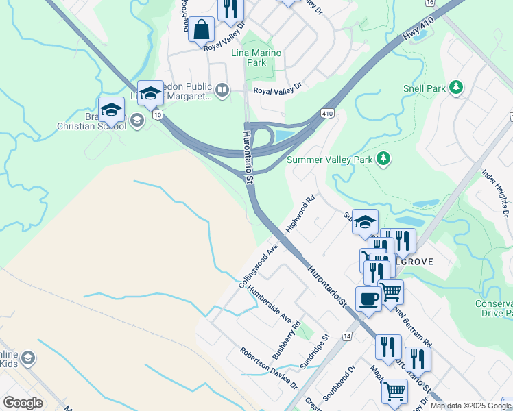 map of restaurants, bars, coffee shops, grocery stores, and more near 12231 Hurontario Street in Brampton