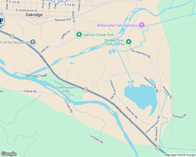 map of restaurants, bars, coffee shops, grocery stores, and more near 76160 Coho Lane in Oakridge