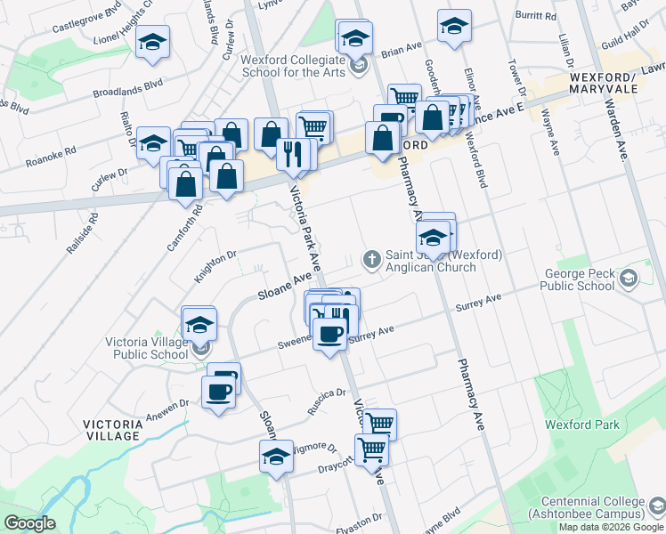 map of restaurants, bars, coffee shops, grocery stores, and more near 1749 Victoria Park Avenue in Toronto