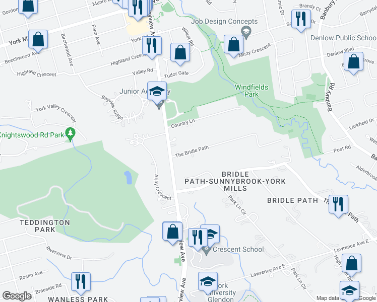 map of restaurants, bars, coffee shops, grocery stores, and more near 6 The Bridle Path in Toronto
