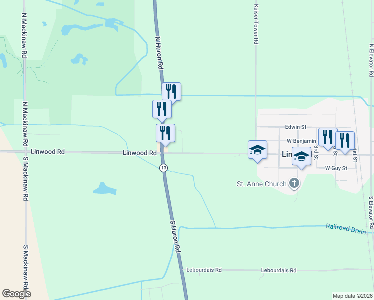 map of restaurants, bars, coffee shops, grocery stores, and more near 1828 East Linwood Road in Linwood