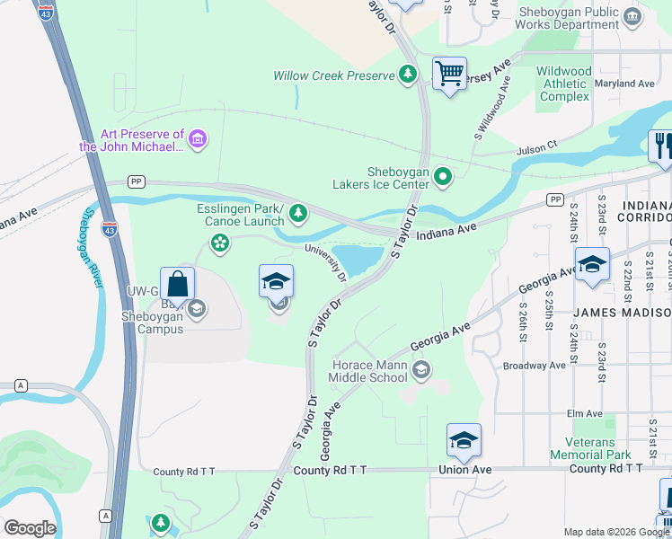 map of restaurants, bars, coffee shops, grocery stores, and more near 3323 University Dr in Sheboygan