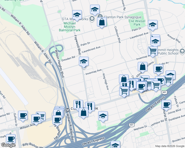 map of restaurants, bars, coffee shops, grocery stores, and more near 119 Invermay Avenue in Toronto