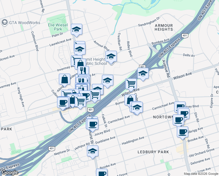 map of restaurants, bars, coffee shops, grocery stores, and more near 38 Southbourne Avenue in Toronto