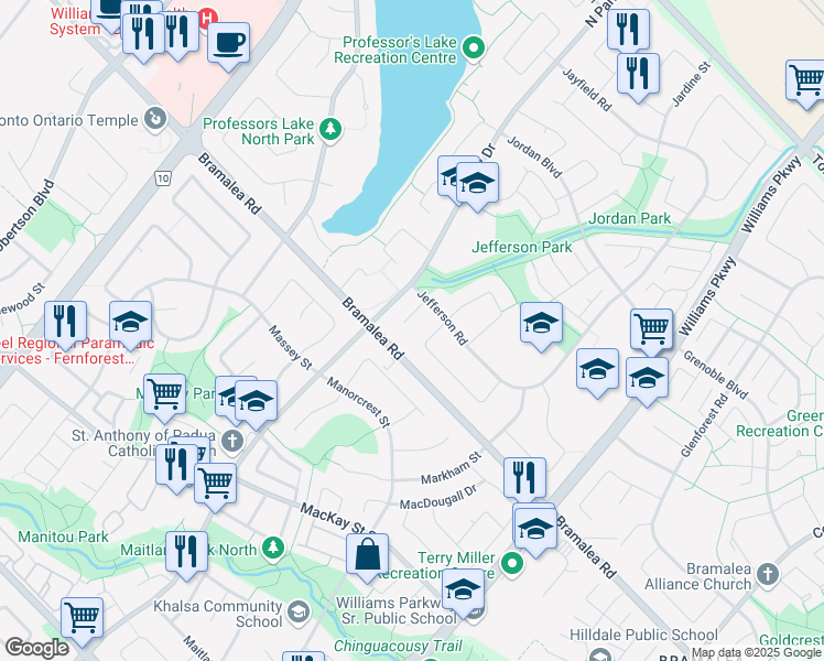 map of restaurants, bars, coffee shops, grocery stores, and more near 10 Jubilee Court in Brampton