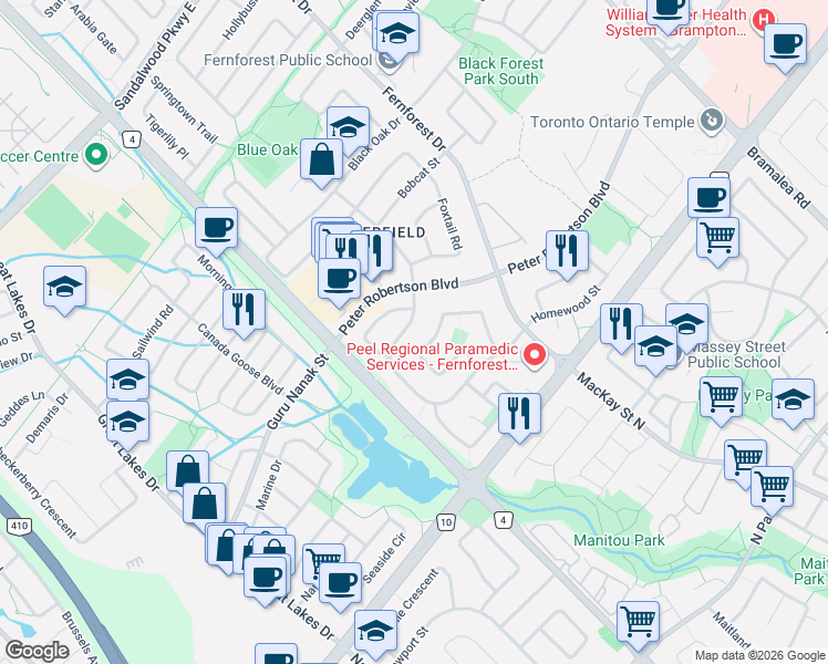map of restaurants, bars, coffee shops, grocery stores, and more near 101 Softneedle Avenue in Brampton