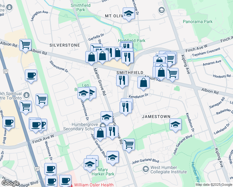map of restaurants, bars, coffee shops, grocery stores, and more near 6458 Finch Avenue West in Toronto