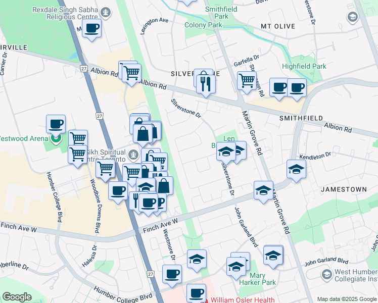 map of restaurants, bars, coffee shops, grocery stores, and more near in Toronto