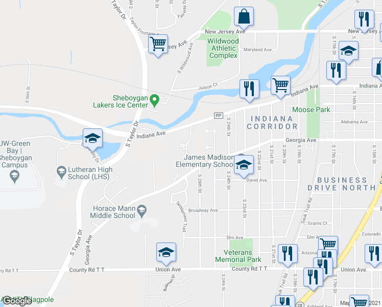 map of restaurants, bars, coffee shops, grocery stores, and more near 2602 Georgia Avenue in Sheboygan