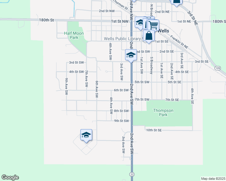 map of restaurants, bars, coffee shops, grocery stores, and more near 380 6th Street Southwest in Wells