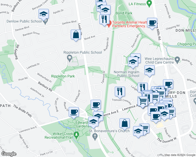 map of restaurants, bars, coffee shops, grocery stores, and more near 5 Tadcaster Place in Toronto