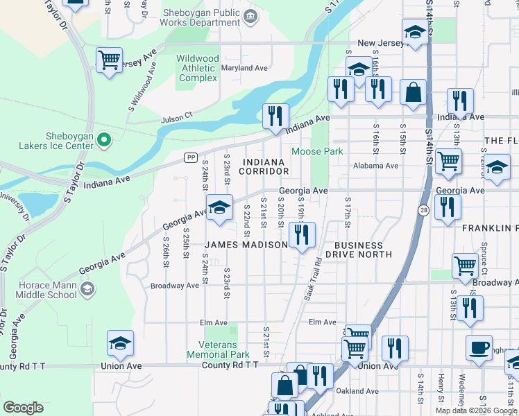 map of restaurants, bars, coffee shops, grocery stores, and more near 1450 South 21st Street in Sheboygan