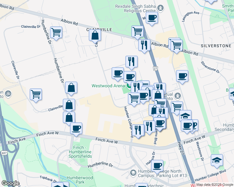 map of restaurants, bars, coffee shops, grocery stores, and more near 145-173 Carrier Dr in Toronto