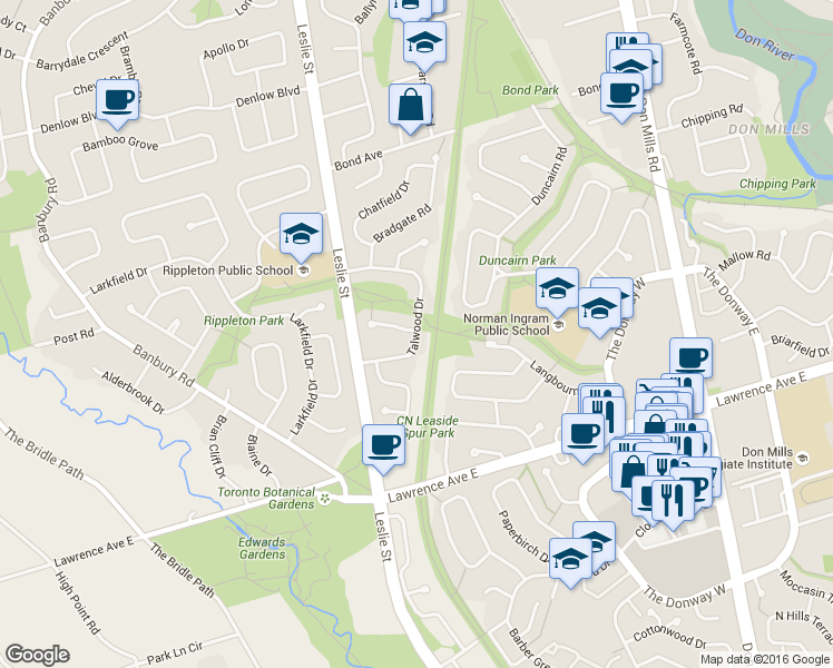map of restaurants, bars, coffee shops, grocery stores, and more near 25 Talwood Drive in Toronto