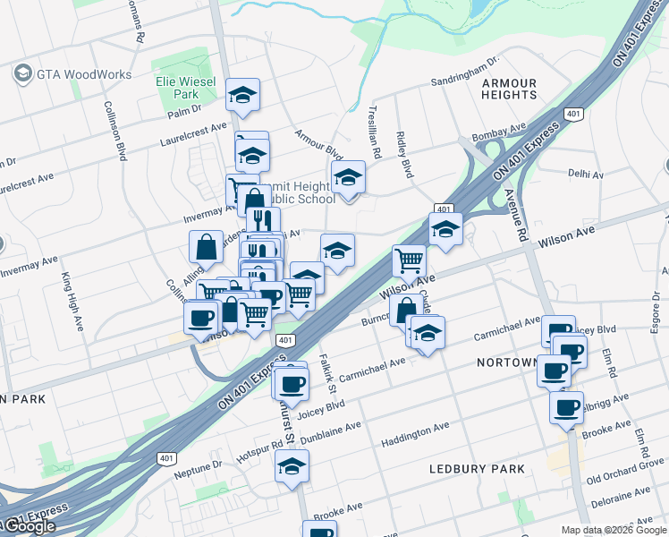 map of restaurants, bars, coffee shops, grocery stores, and more near 38 Southbourne Avenue in Toronto