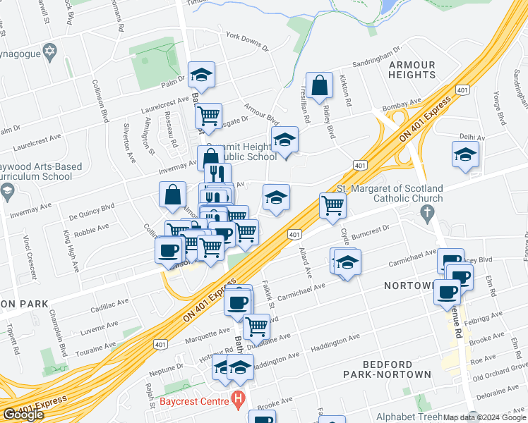 map of restaurants, bars, coffee shops, grocery stores, and more near 27 Westgate Boulevard in Toronto