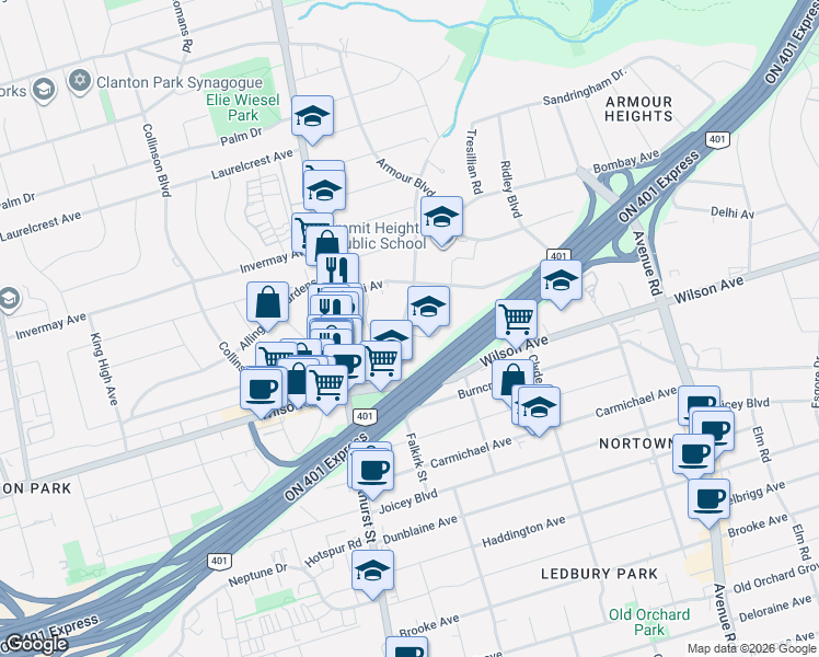 map of restaurants, bars, coffee shops, grocery stores, and more near in Toronto