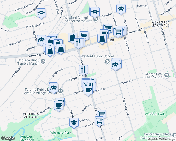 map of restaurants, bars, coffee shops, grocery stores, and more near 1751 Victoria Park Avenue in Toronto