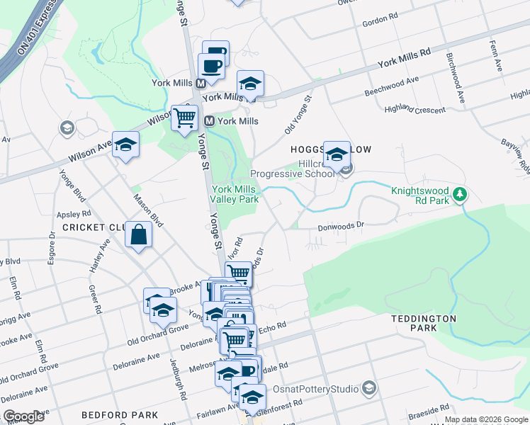 map of restaurants, bars, coffee shops, grocery stores, and more near in Toronto