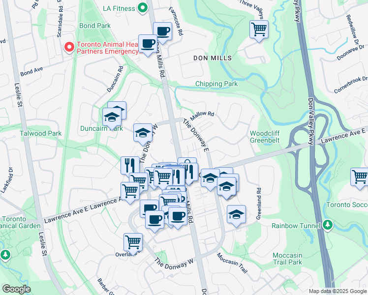 map of restaurants, bars, coffee shops, grocery stores, and more near in Toronto