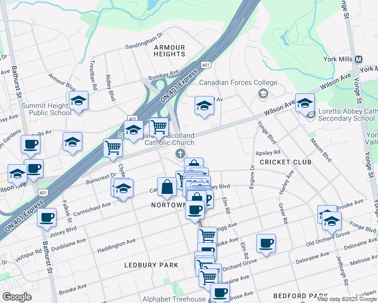 map of restaurants, bars, coffee shops, grocery stores, and more near in Toronto