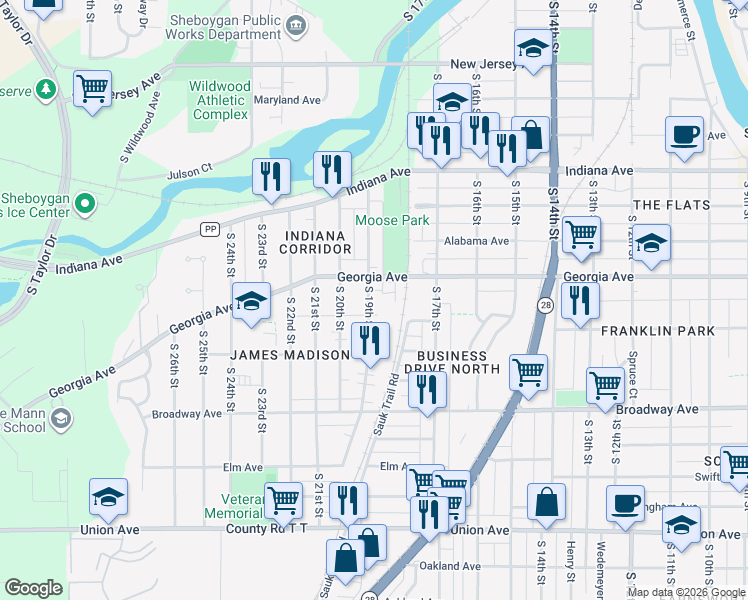 map of restaurants, bars, coffee shops, grocery stores, and more near 1447 South 19th Street in Sheboygan