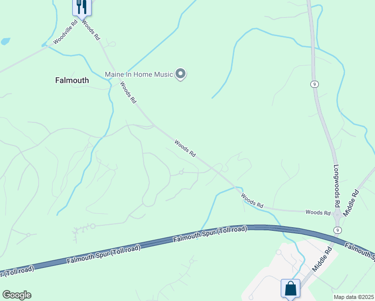 map of restaurants, bars, coffee shops, grocery stores, and more near Woods Road in Falmouth