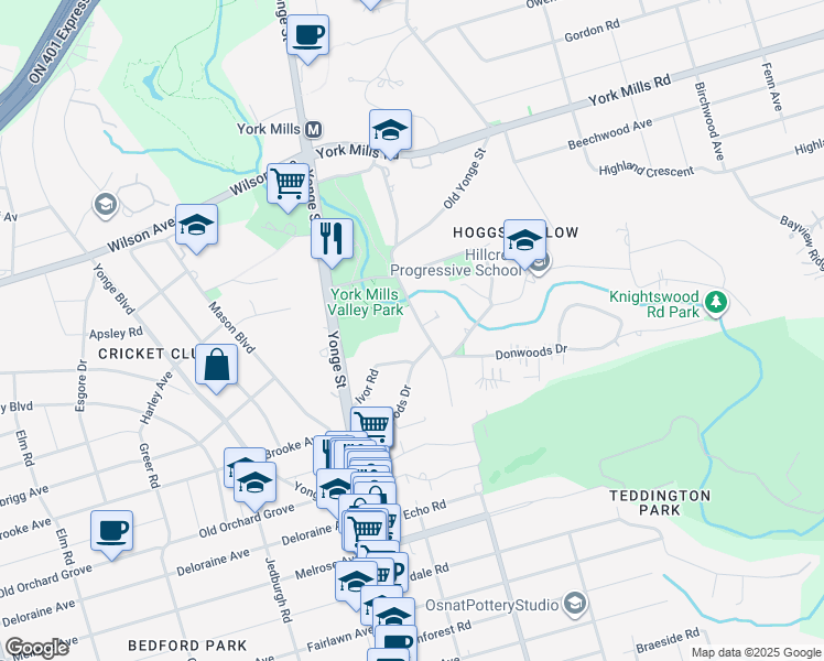 map of restaurants, bars, coffee shops, grocery stores, and more near 40 Donino Avenue in Toronto
