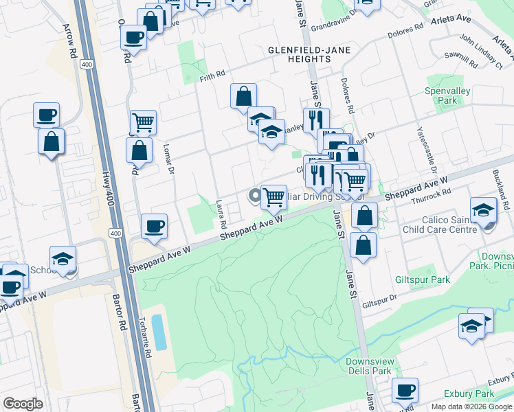 map of restaurants, bars, coffee shops, grocery stores, and more near 2020 Sheppard Avenue West in Toronto