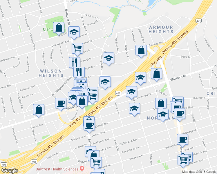 map of restaurants, bars, coffee shops, grocery stores, and more near 14 Northmount Avenue in Toronto