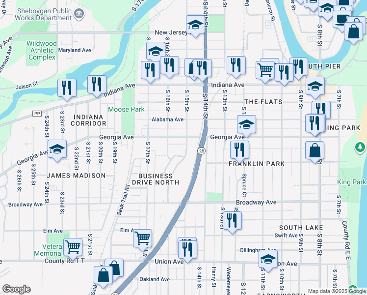 map of restaurants, bars, coffee shops, grocery stores, and more near 1422 South 15th Street in Sheboygan