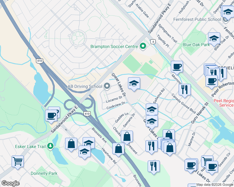 map of restaurants, bars, coffee shops, grocery stores, and more near 174 Cookview Drive in Brampton