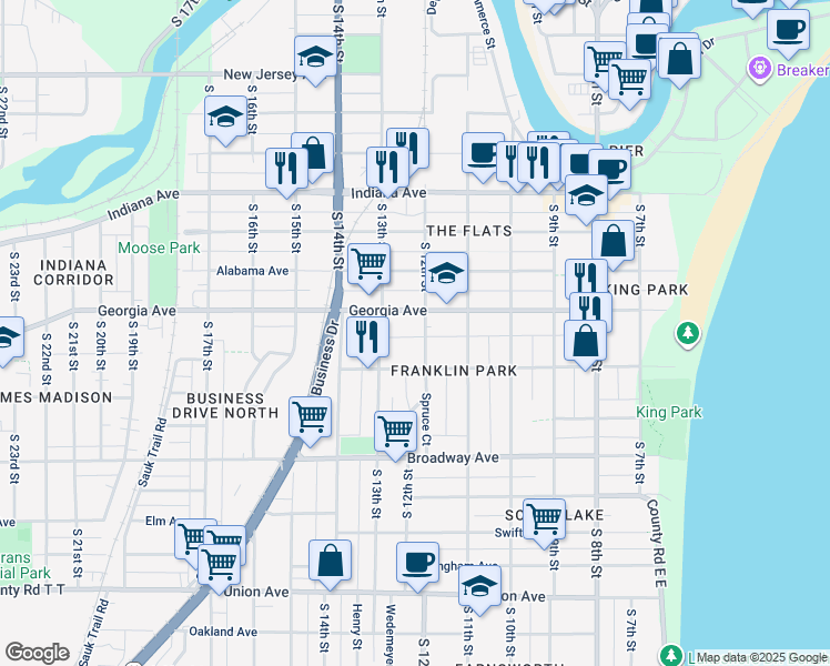map of restaurants, bars, coffee shops, grocery stores, and more near 1206 Georgia Avenue in Sheboygan