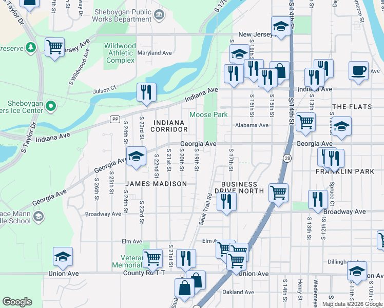 map of restaurants, bars, coffee shops, grocery stores, and more near in Sheboygan