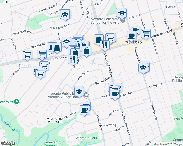 map of restaurants, bars, coffee shops, grocery stores, and more near 53 Knighton Drive in Toronto